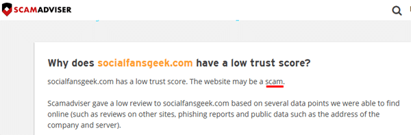 SocialFansGeek low score on ScamAdviser